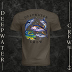 Army Deepwater Crew Co. Bluewater Strike crewneck T-shirt, back view with large colorful pelagic game fish collage and Deepwater Crew lettering.