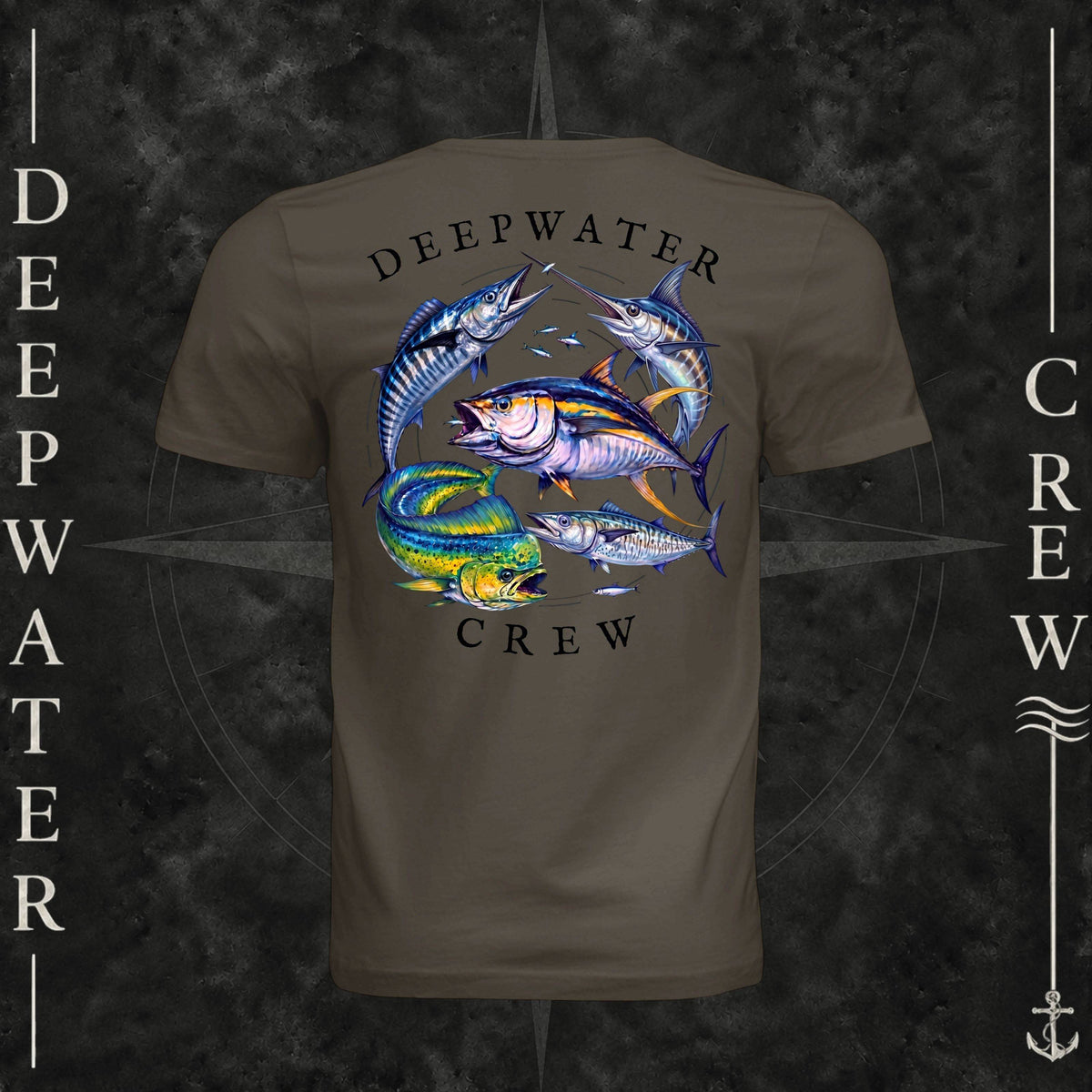 Army Deepwater Crew Co. Bluewater Strike crewneck T-shirt, back view with large colorful pelagic game fish collage and Deepwater Crew lettering.