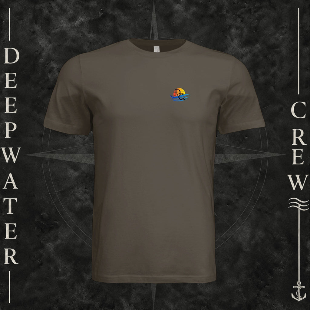 Army Deepwater Crew Co. Bluewater Strike crewneck T-shirt, front view with small DC sunset and ocean wave chest logo.