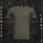 Army Deepwater Crew Co. Bluewater Strike crewneck T-shirt, front view with small DC sunset and ocean wave chest logo.
