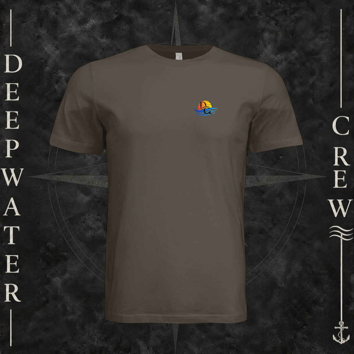 Army Deepwater Crew Co. Bluewater Strike crewneck T-shirt, front view with small DC sunset and ocean wave chest logo.