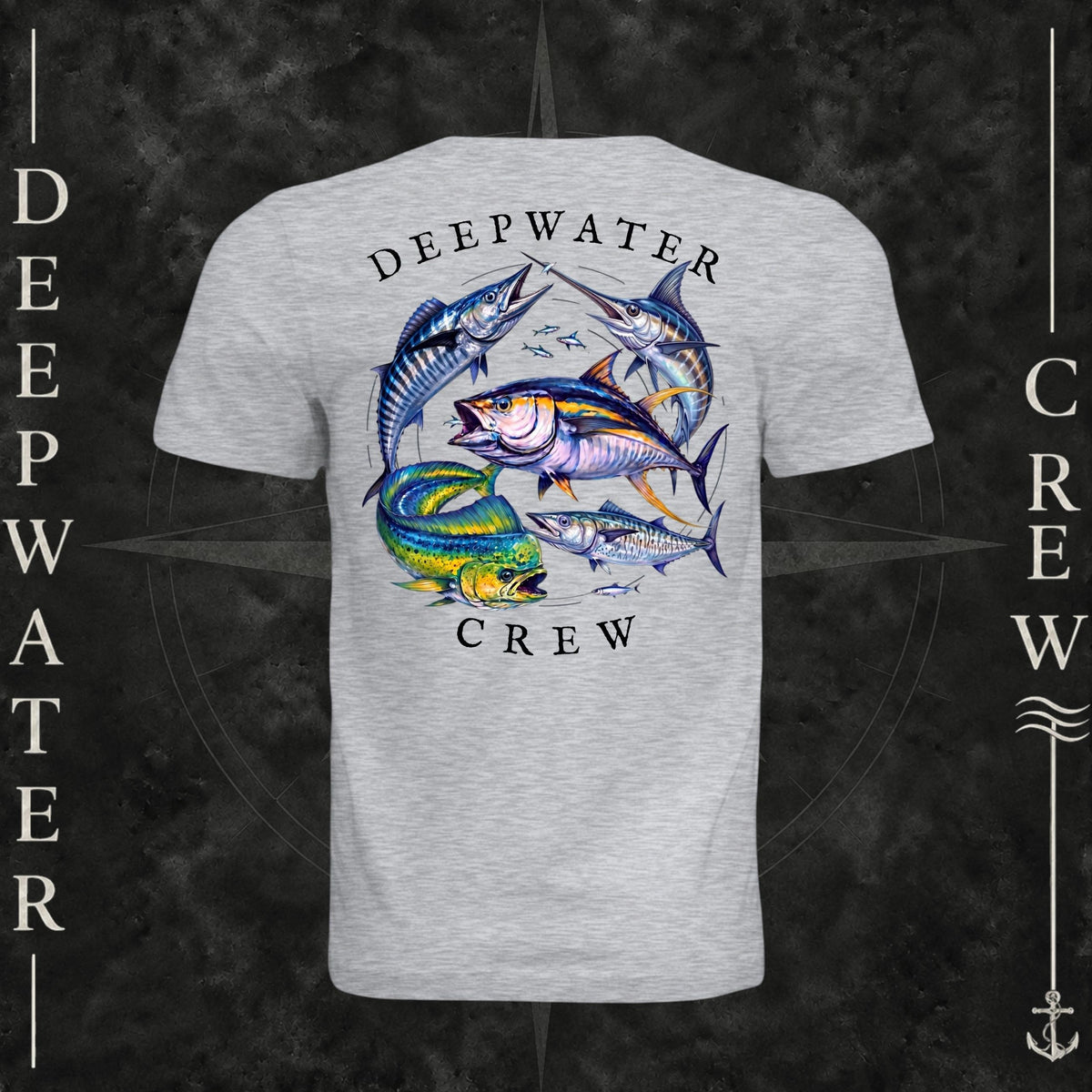 Ash Deepwater Crew Co. Bluewater Strike crewneck T-shirt, back view with large colorful pelagic game fish collage and Deepwater Crew lettering.