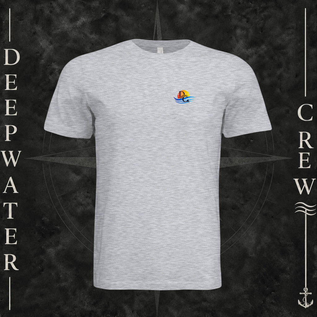 Ash Deepwater Crew Co. Bluewater Strike crewneck T-shirt, front view with small DC sunset and ocean wave chest logo.