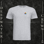 Ash Deepwater Crew Co. Bluewater Strike crewneck T-shirt, front view with small DC sunset and ocean wave chest logo.