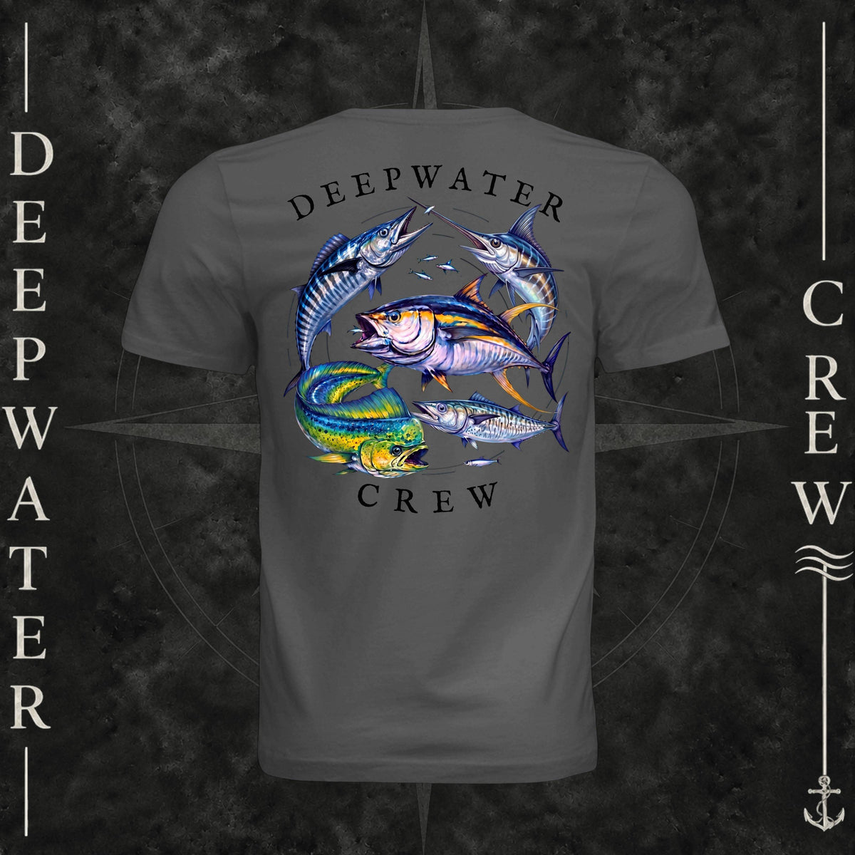 Asphalt Deepwater Crew Co. Bluewater Strike crewneck T-shirt, back view with large colorful pelagic game fish collage and Deepwater Crew lettering.