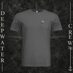 Asphalt Deepwater Crew Co. Bluewater Strike crewneck T-shirt, front view with small DC sunset and ocean wave chest logo.