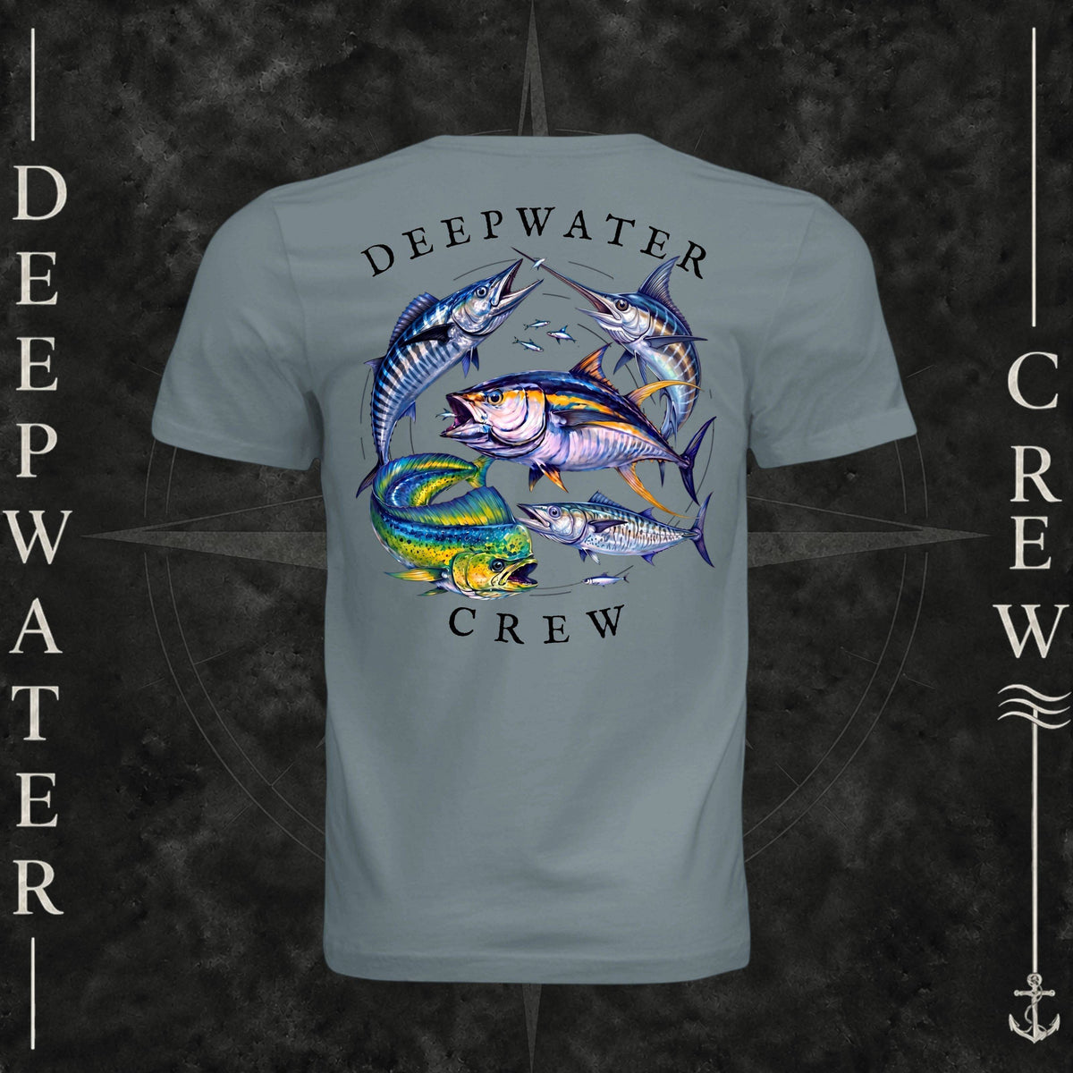 Blue Storm Deepwater Crew Co. Bluewater Strike crewneck T-shirt, back view with large colorful pelagic game fish collage and Deepwater Crew lettering.