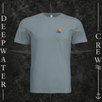 Blue Storm Deepwater Crew Co. Bluewater Strike crewneck T-shirt, front view with small DC sunset and ocean wave chest logo.