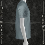 Blue Storm Deepwater Crew Co. Bluewater Strike crewneck T-shirt, right-side view showing “GO DEEP” lettering printed near the sleeve hem.
