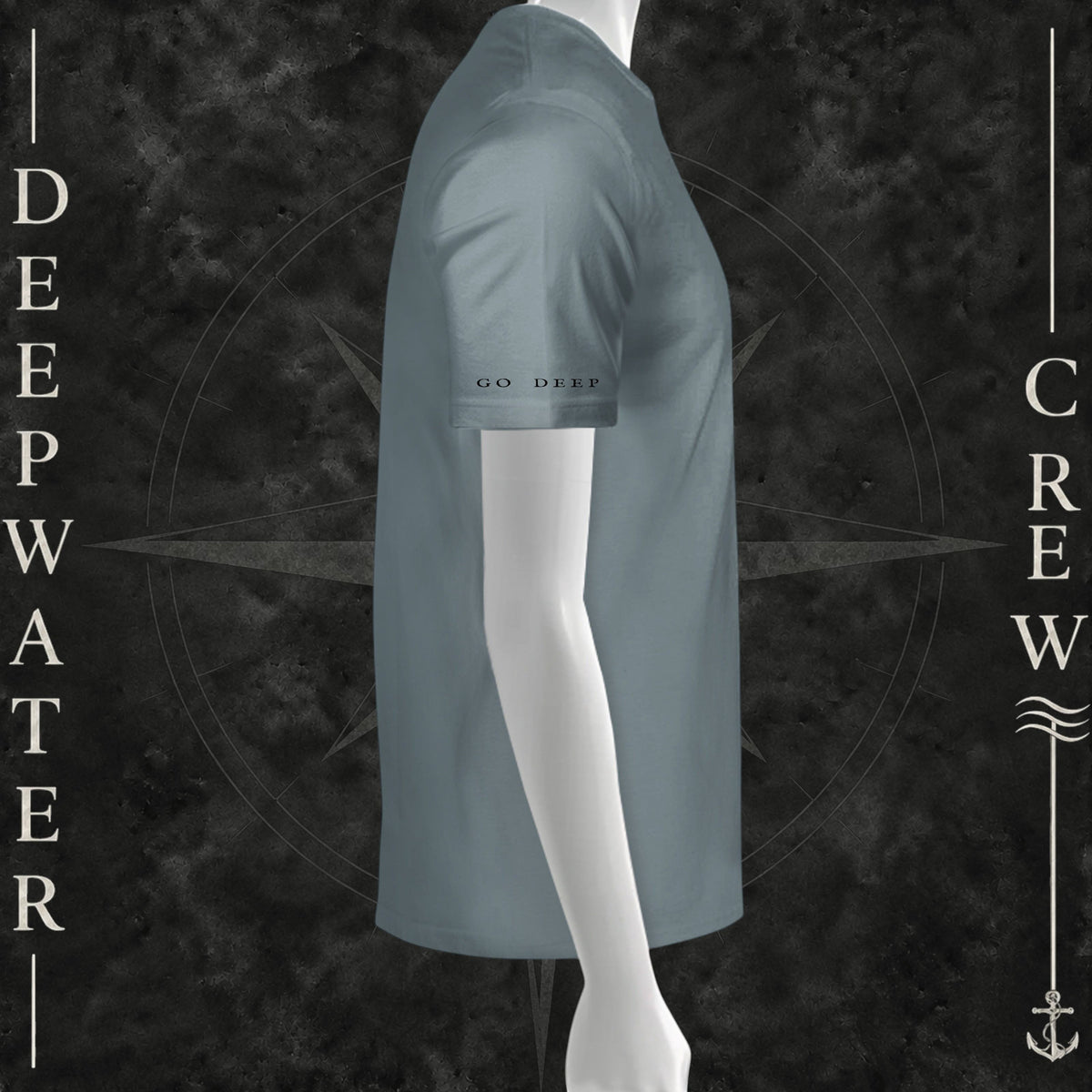 Blue Storm Deepwater Crew Co. Bluewater Strike crewneck T-shirt, right-side view showing “GO DEEP” lettering printed near the sleeve hem.