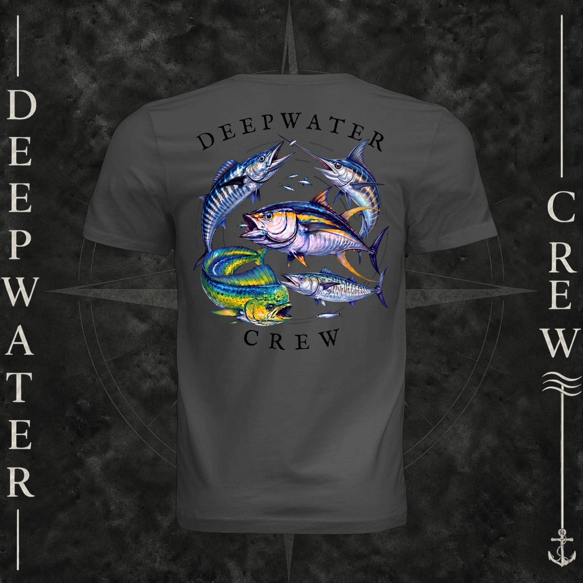 Dark Gray Deepwater Crew Co. Bluewater Strike crewneck T-shirt, back view with large colorful pelagic game fish collage and Deepwater Crew lettering.