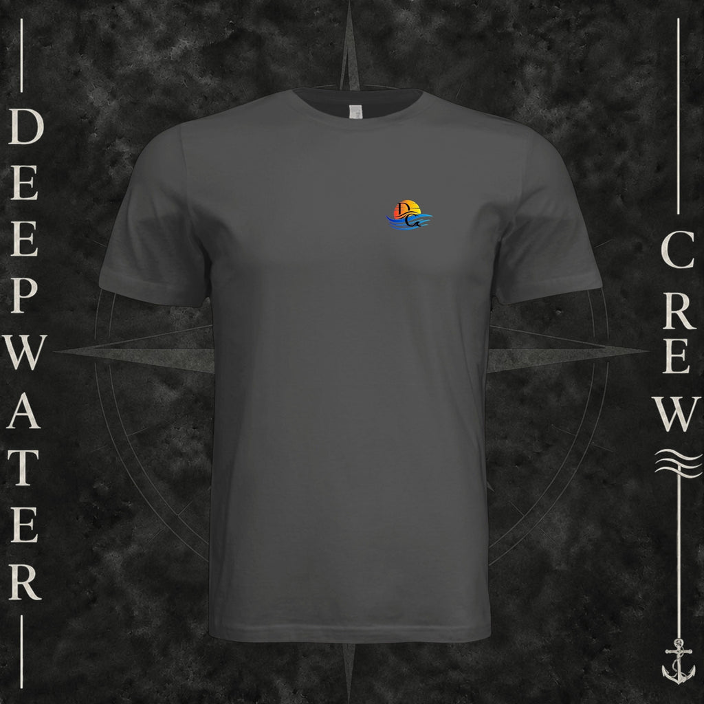 Dark Gray Deepwater Crew Co. Bluewater Strike crewneck T-shirt, front view with small DC sunset and ocean wave chest logo.