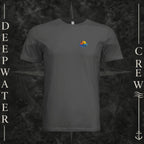 Dark Gray Deepwater Crew Co. Bluewater Strike crewneck T-shirt, front view with small DC sunset and ocean wave chest logo.