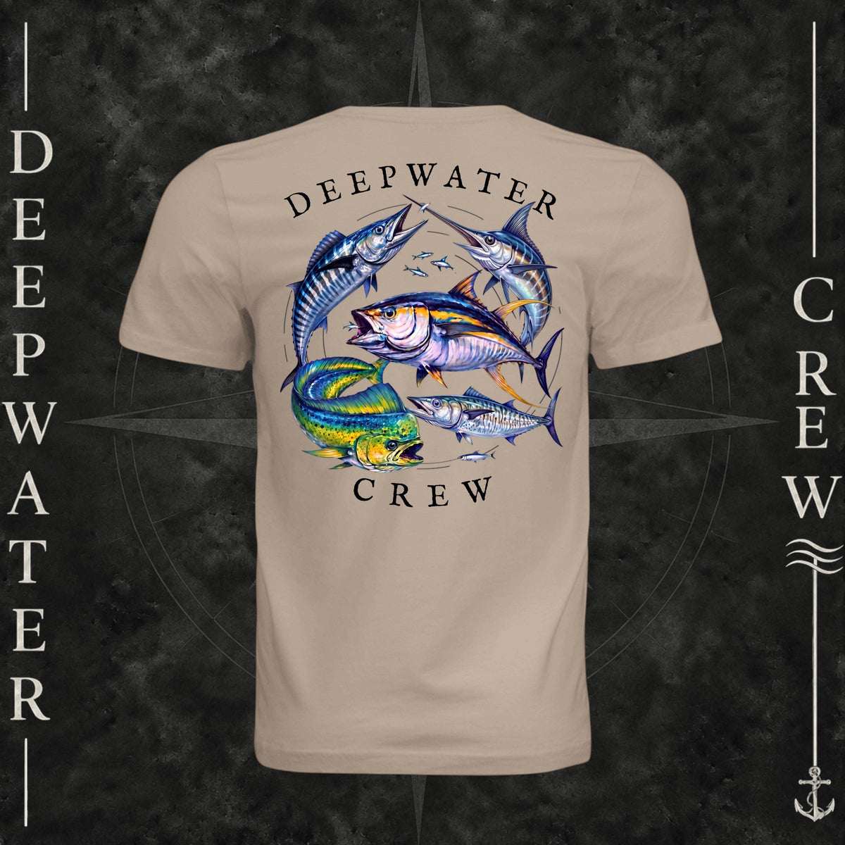 Dust Deepwater Crew Co. Bluewater Strike crewneck T-shirt, back view with large colorful pelagic game fish collage and Deepwater Crew lettering.