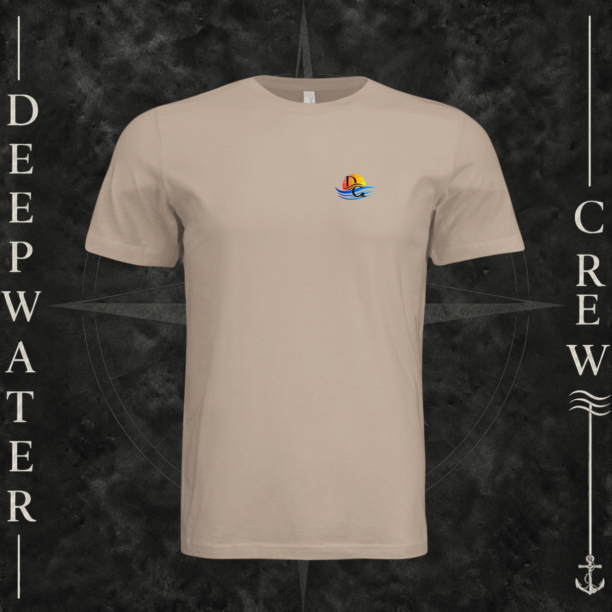 Dust Deepwater Crew Co. Bluewater Strike crewneck T-shirt, front view with small DC sunset and ocean wave chest logo.