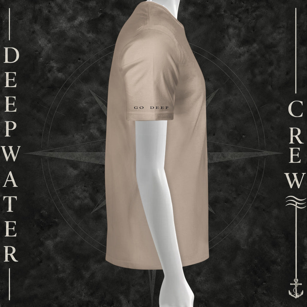 Dust Deepwater Crew Co. Bluewater Strike crewneck T-shirt, right-side view showing “GO DEEP” lettering printed near the sleeve hem.