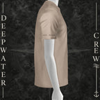 Dust Deepwater Crew Co. Bluewater Strike crewneck T-shirt, right-side view showing “GO DEEP” lettering printed near the sleeve hem.