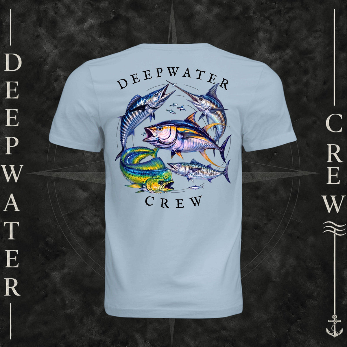 Light Blue Deepwater Crew Co. Bluewater Strike crewneck T-shirt, back view with large colorful pelagic game fish collage and Deepwater Crew lettering.