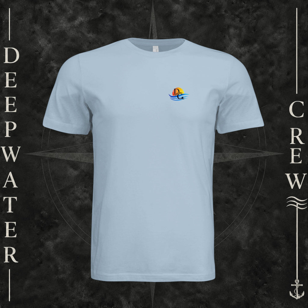 Light Blue Deepwater Crew Co. Bluewater Strike crewneck T-shirt, front view with small DC sunset and ocean wave chest logo.
