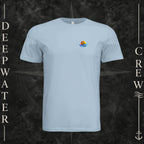 Light Blue Deepwater Crew Co. Bluewater Strike crewneck T-shirt, front view with small DC sunset and ocean wave chest logo.