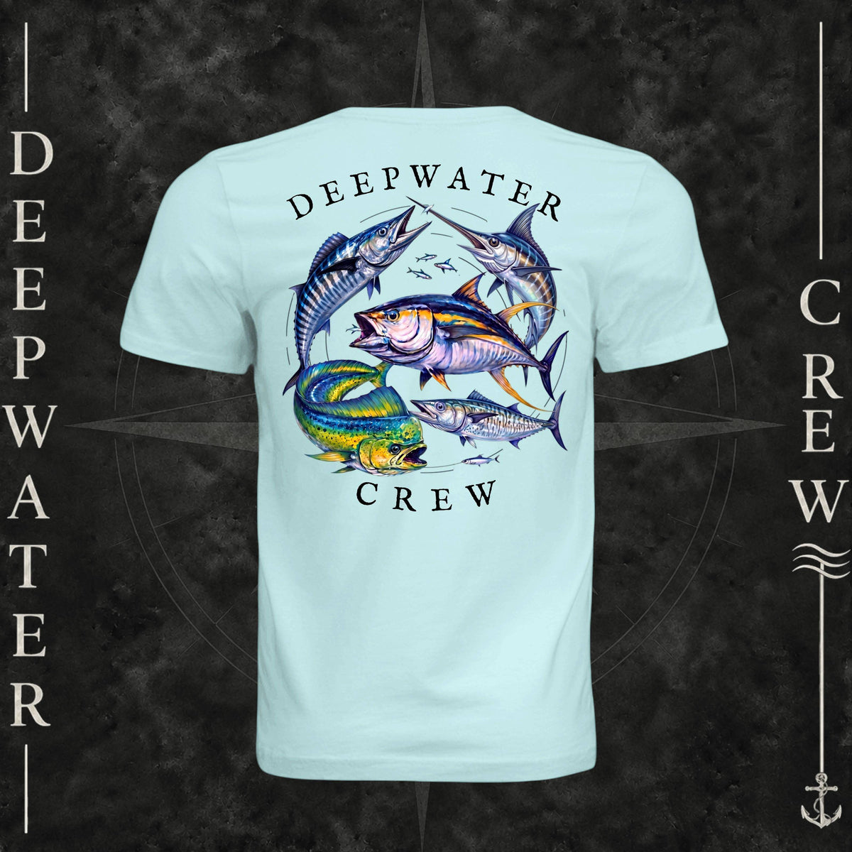 Mint Green Deepwater Crew Co. Bluewater Strike crewneck T-shirt, back view with large colorful pelagic game fish collage and Deepwater Crew lettering.