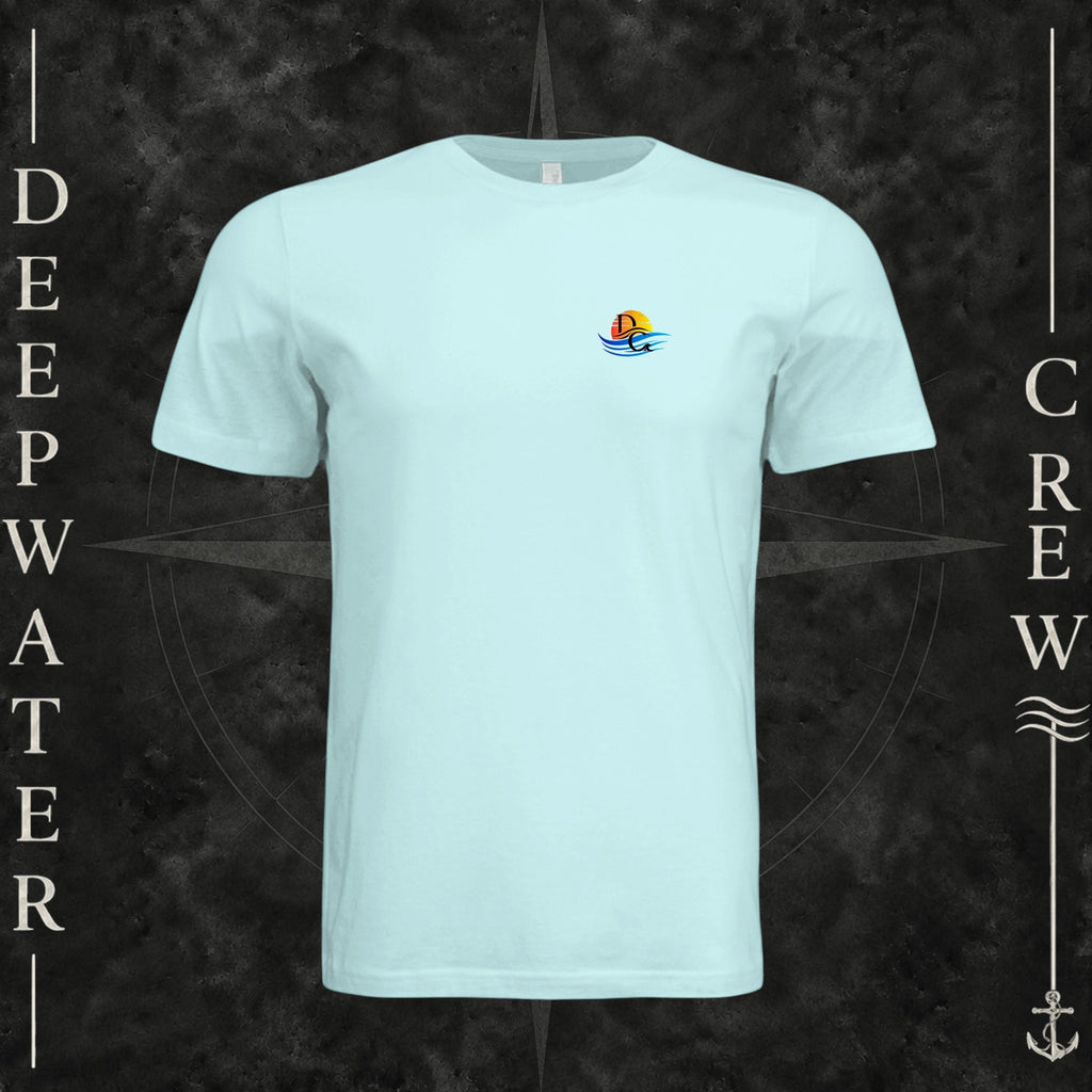 Mint Green Deepwater Crew Co. Bluewater Strike crewneck T-shirt, front view with small DC sunset and ocean wave chest logo.