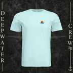Mint Green Deepwater Crew Co. Bluewater Strike crewneck T-shirt, front view with small DC sunset and ocean wave chest logo.