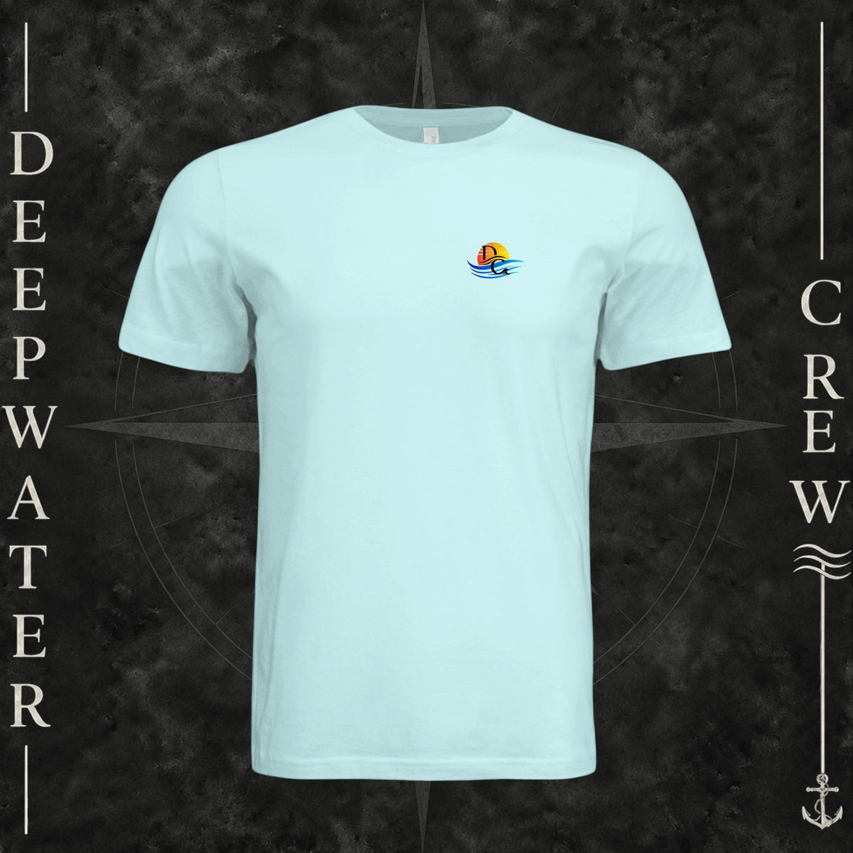 Mint Green Deepwater Crew Co. Bluewater Strike crewneck T-shirt, front view with small DC sunset and ocean wave chest logo.