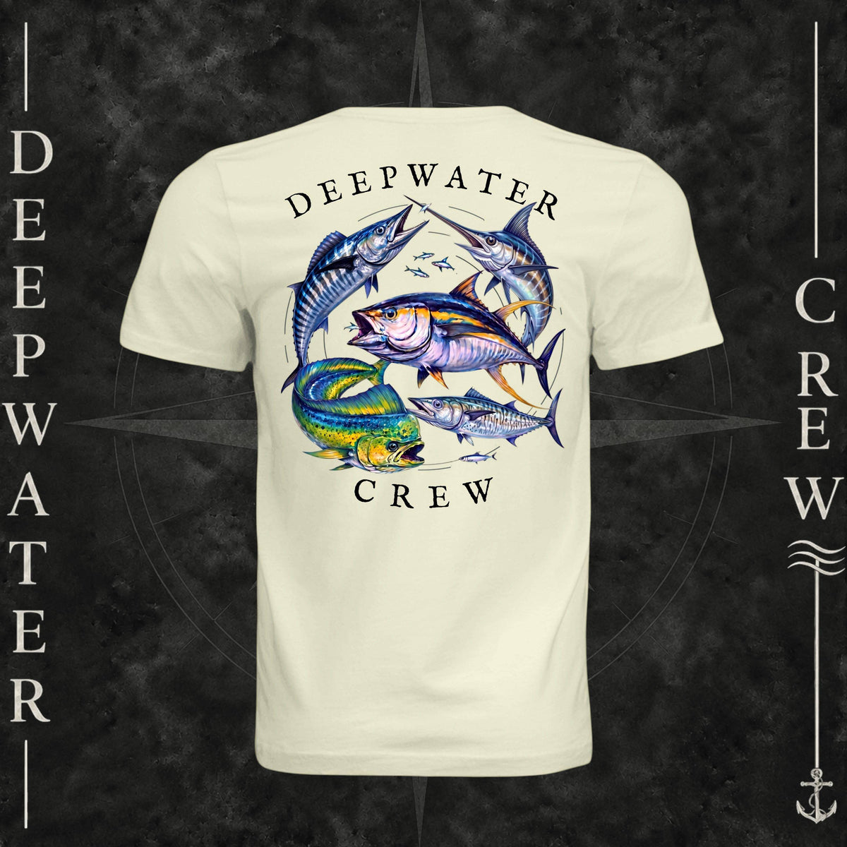 Natural Deepwater Crew Co. Bluewater Strike crewneck T-shirt, back view with large colorful pelagic game fish collage and Deepwater Crew lettering.