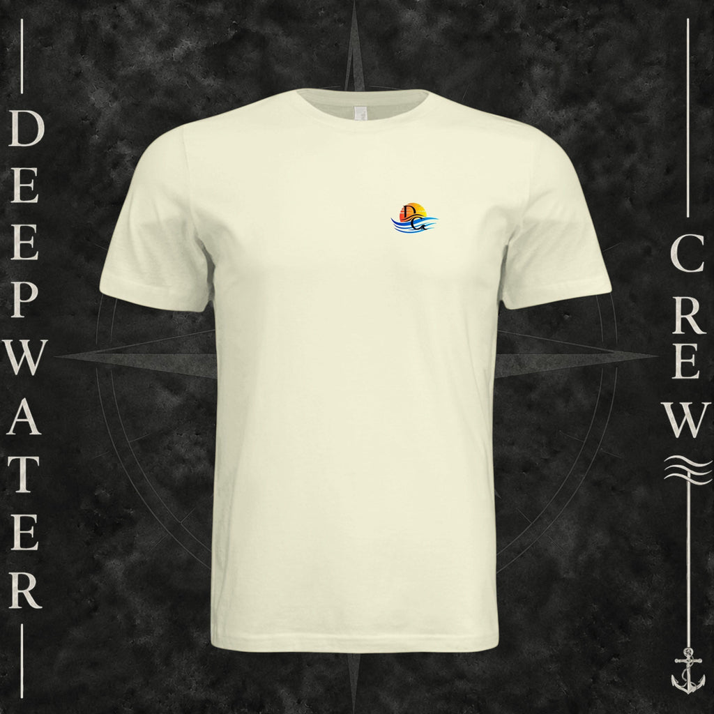 Natural Deepwater Crew Co. Bluewater Strike crewneck T-shirt, front view with small DC sunset and ocean wave chest logo.