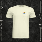 Natural Deepwater Crew Co. Bluewater Strike crewneck T-shirt, front view with small DC sunset and ocean wave chest logo.