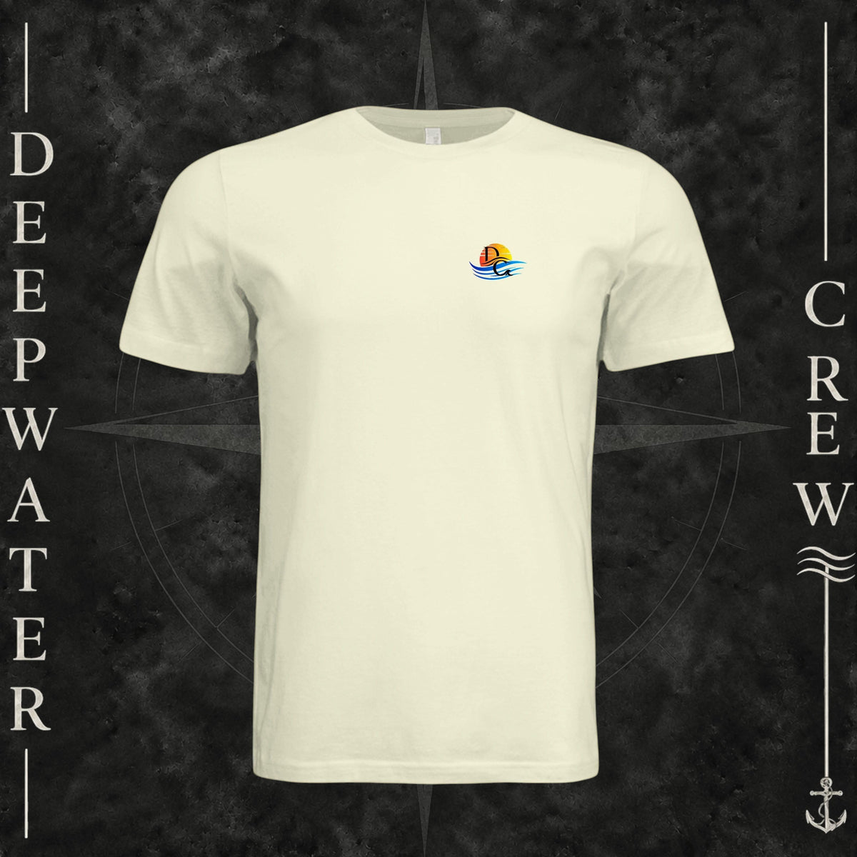 Natural Deepwater Crew Co. Bluewater Strike crewneck T-shirt, front view with small DC sunset and ocean wave chest logo.