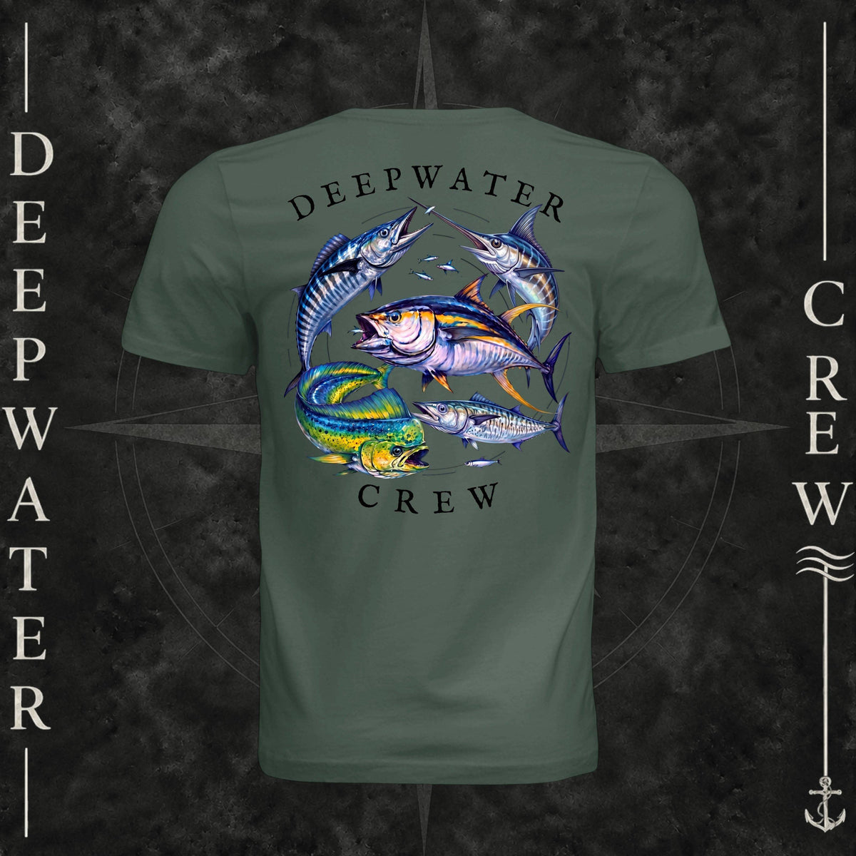 Pine Deepwater Crew Co. Bluewater Strike crewneck T-shirt, back view with large colorful pelagic game fish collage and Deepwater Crew lettering.