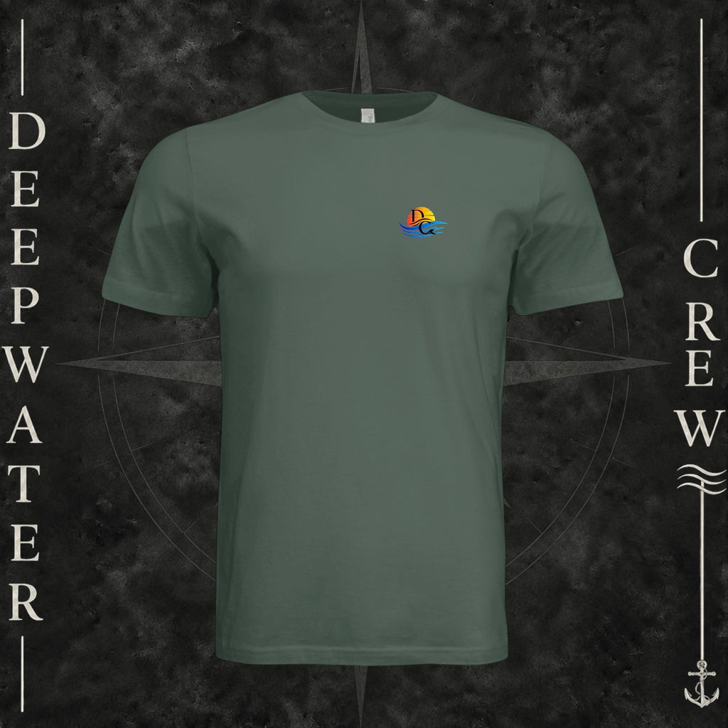 Pine Deepwater Crew Co. Bluewater Strike crewneck T-shirt, front view with small DC sunset and ocean wave chest logo.