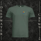 Pine Deepwater Crew Co. Bluewater Strike crewneck T-shirt, front view with small DC sunset and ocean wave chest logo.