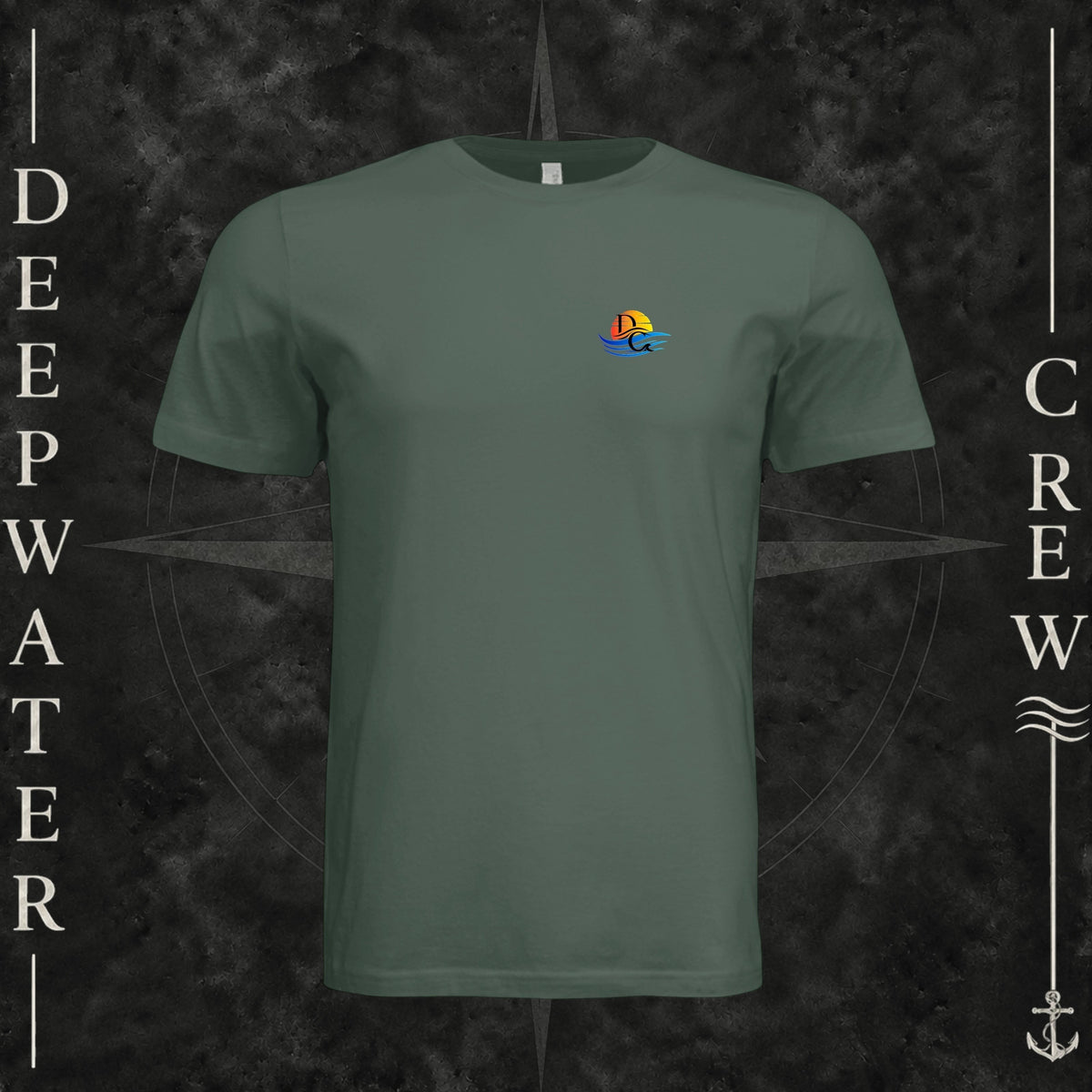 Pine Deepwater Crew Co. Bluewater Strike crewneck T-shirt, front view with small DC sunset and ocean wave chest logo.