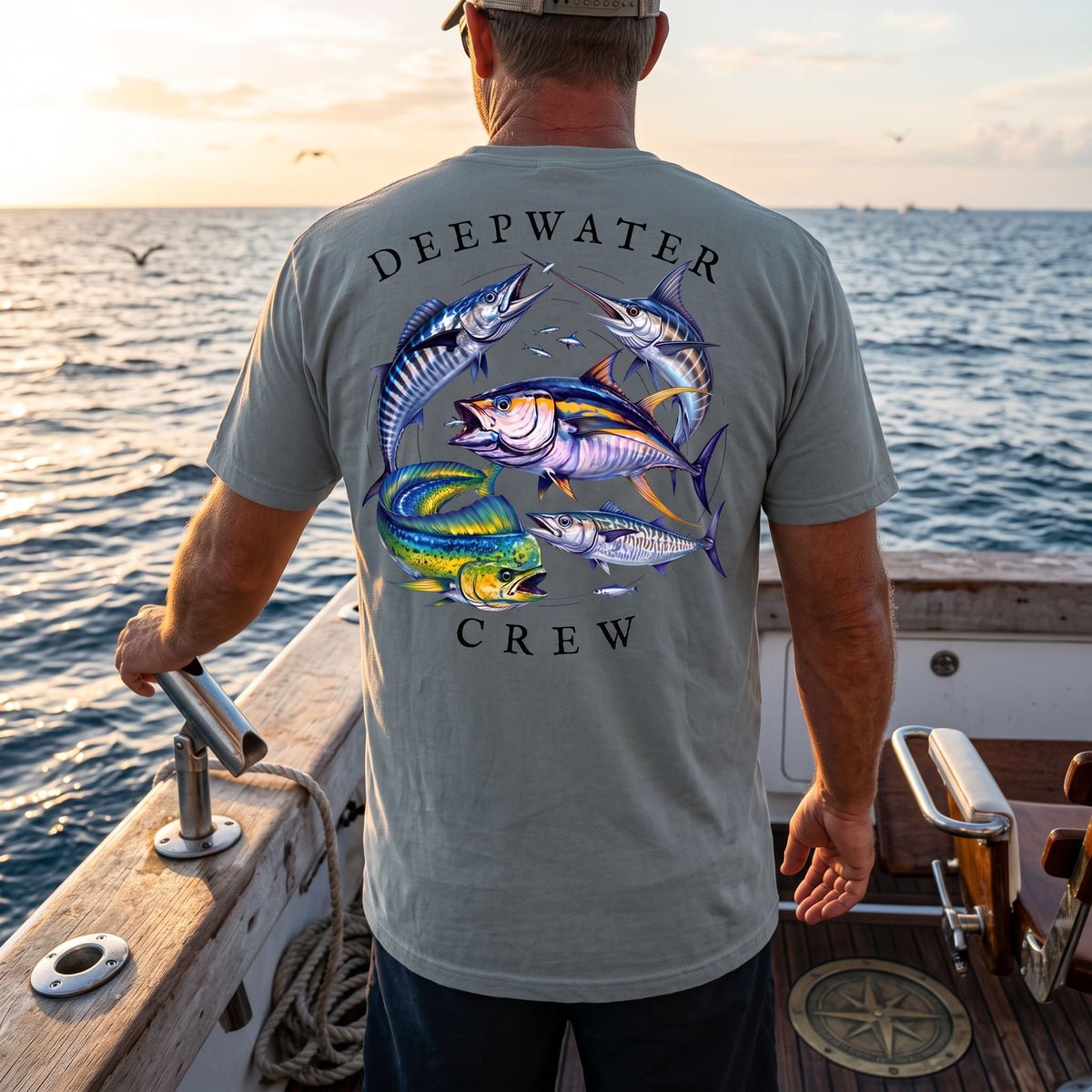 Man wearing a sage Deepwater Crew Co. Bluewater Strike crewneck T-shirt, back view with colorful pelagic game fish collage and Deepwater Crew lettering while offshore fishing at sunset.