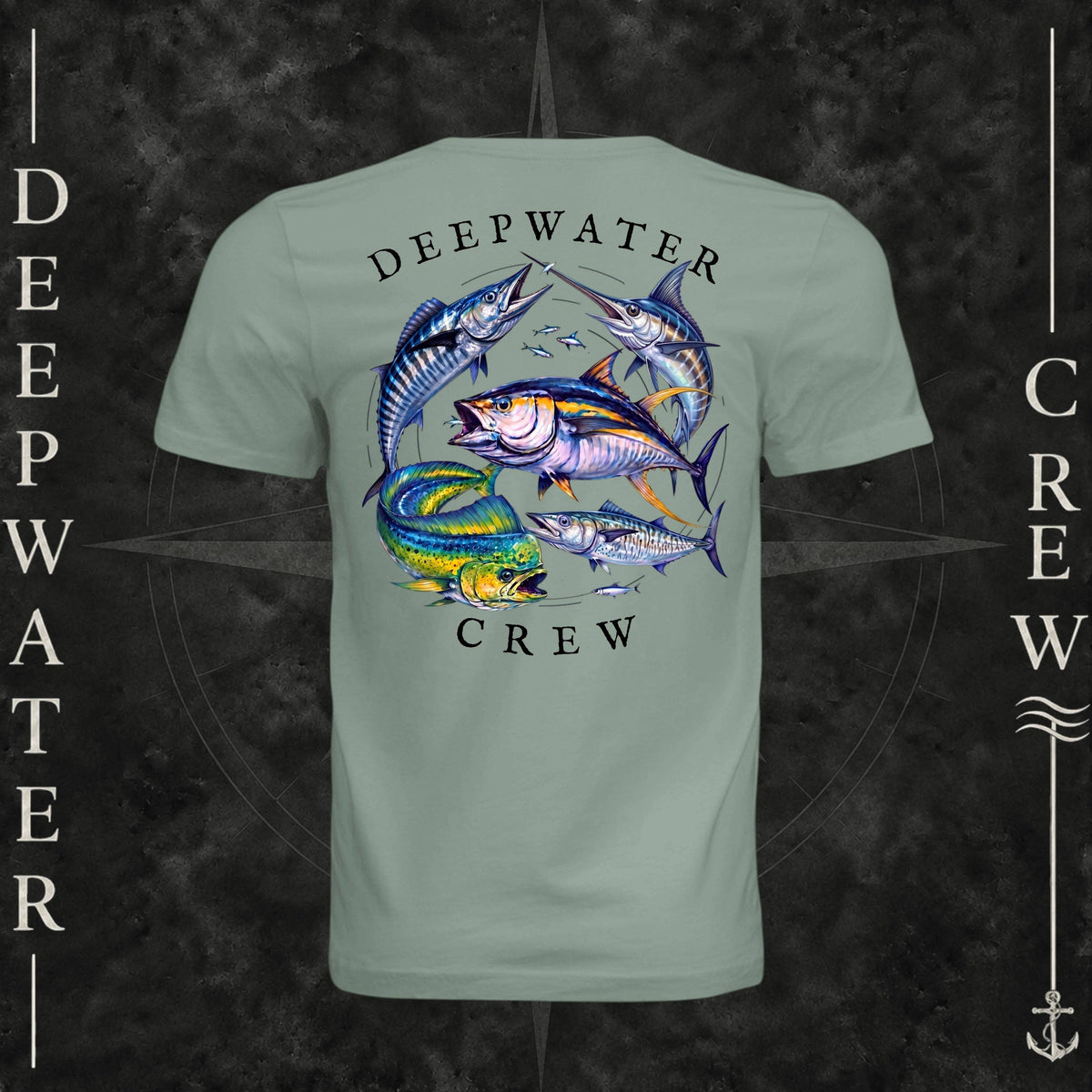 Sage Deepwater Crew Co. Bluewater Strike crewneck T-shirt, back view with large colorful pelagic game fish collage and Deepwater Crew lettering.
