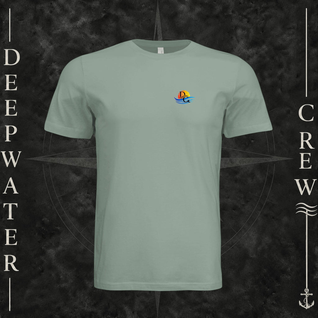 Sage Deepwater Crew Co. Bluewater Strike crewneck T-shirt, front view with small DC sunset and ocean wave chest logo.