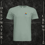 Sage Deepwater Crew Co. Bluewater Strike crewneck T-shirt, front view with small DC sunset and ocean wave chest logo.