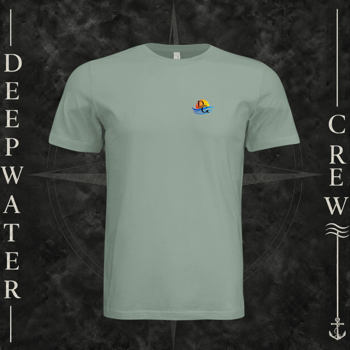 Sage Deepwater Crew Co. Bluewater Strike crewneck T-shirt, front view with small DC sunset and ocean wave chest logo.