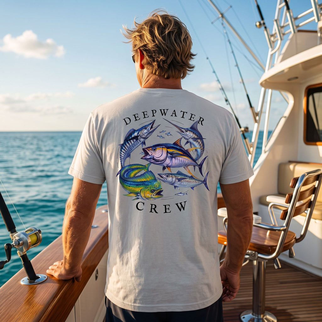 Man wearing a silver Deepwater Crew Co. Bluewater Strike crewneck T-shirt, back view with colorful pelagic game fish collage and Deepwater Crew lettering while offshore fishing on a boat.