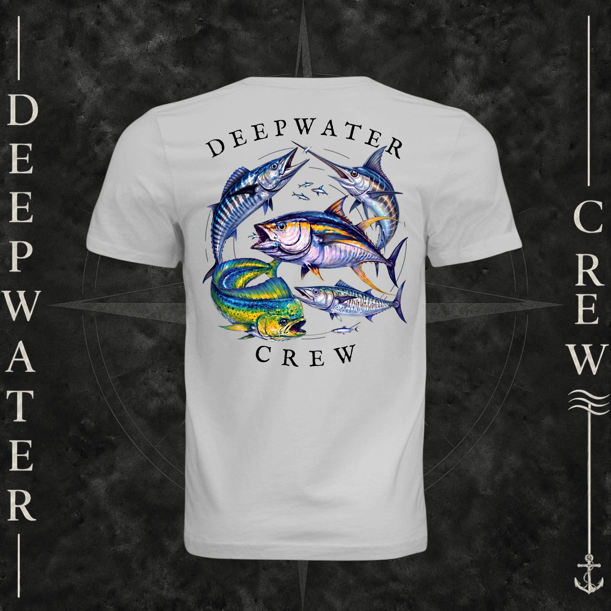 Silver Deepwater Crew Co. Bluewater Strike crewneck T-shirt, back view with large colorful pelagic game fish collage and Deepwater Crew lettering.