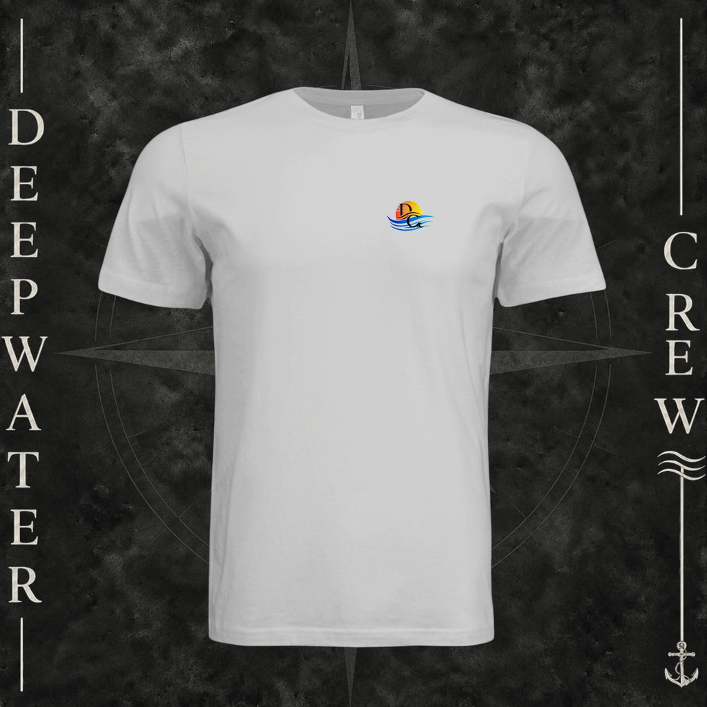 Silver Deepwater Crew Co. Bluewater Strike crewneck T-shirt, front view with small DC sunset and ocean wave chest logo.