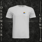 Silver Deepwater Crew Co. Bluewater Strike crewneck T-shirt, front view with small DC sunset and ocean wave chest logo.