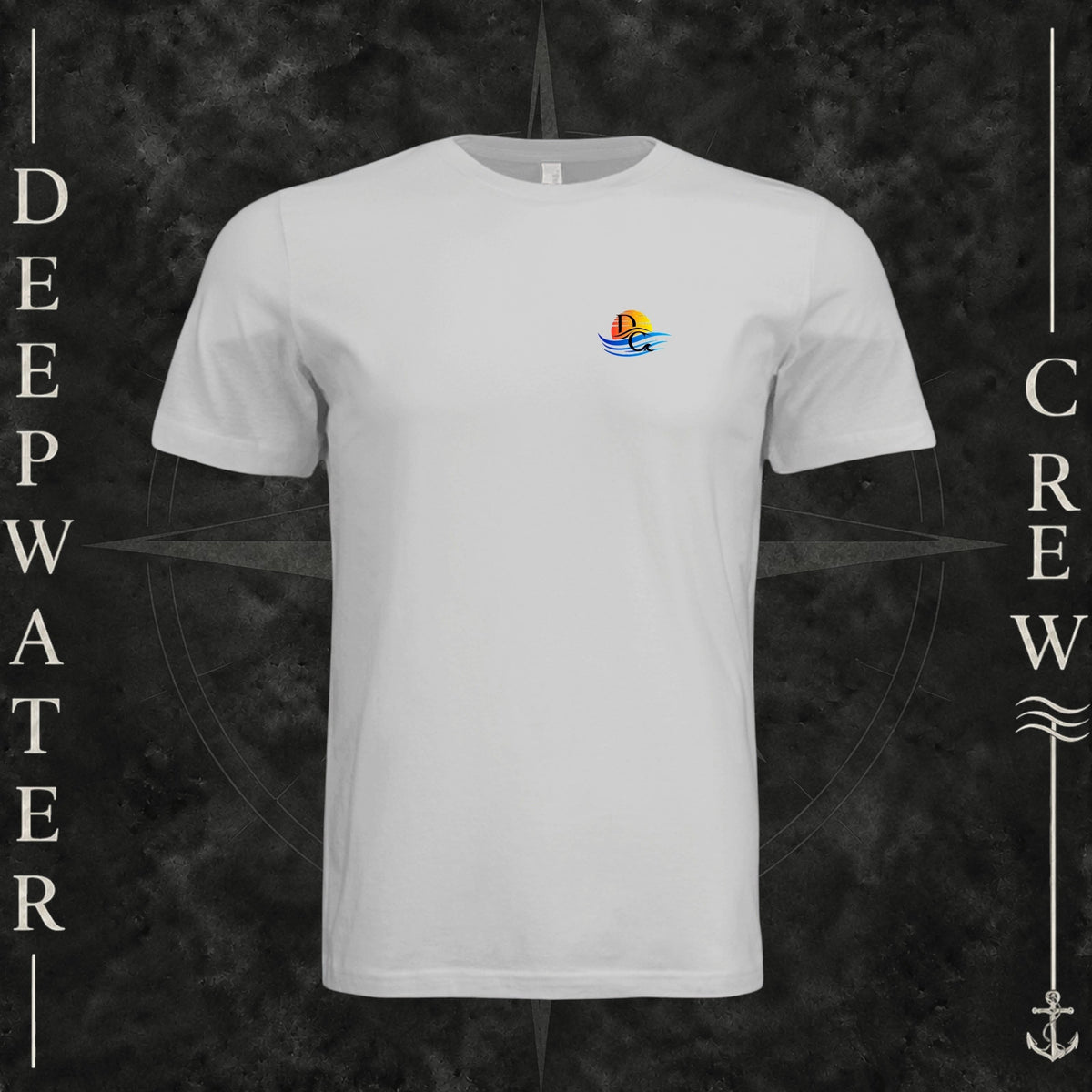 Silver Deepwater Crew Co. Bluewater Strike crewneck T-shirt, front view with small DC sunset and ocean wave chest logo.