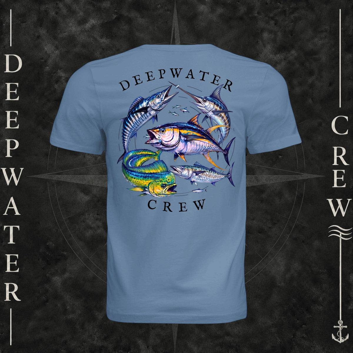 Slate Deepwater Crew Co. Bluewater Strike crewneck T-shirt, back view with large colorful pelagic game fish collage and Deepwater Crew lettering.