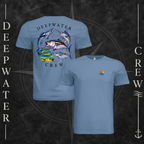 Slate Deepwater Crew Co. Bluewater Strike crewneck T-shirt showing front and back views, with small DC sunset-and-wave crest logo and large colorful pelagic game fish collage with Deepwater Crew lettering.