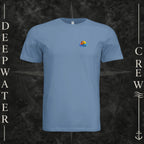 Slate Deepwater Crew Co. Bluewater Strike crewneck T-shirt, front view with small DC sunset and ocean wave chest logo.