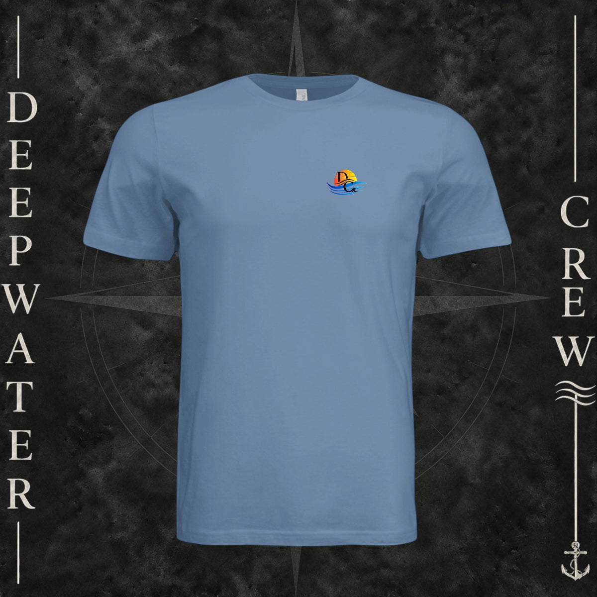 Slate Deepwater Crew Co. Bluewater Strike crewneck T-shirt, front view with small DC sunset and ocean wave chest logo.